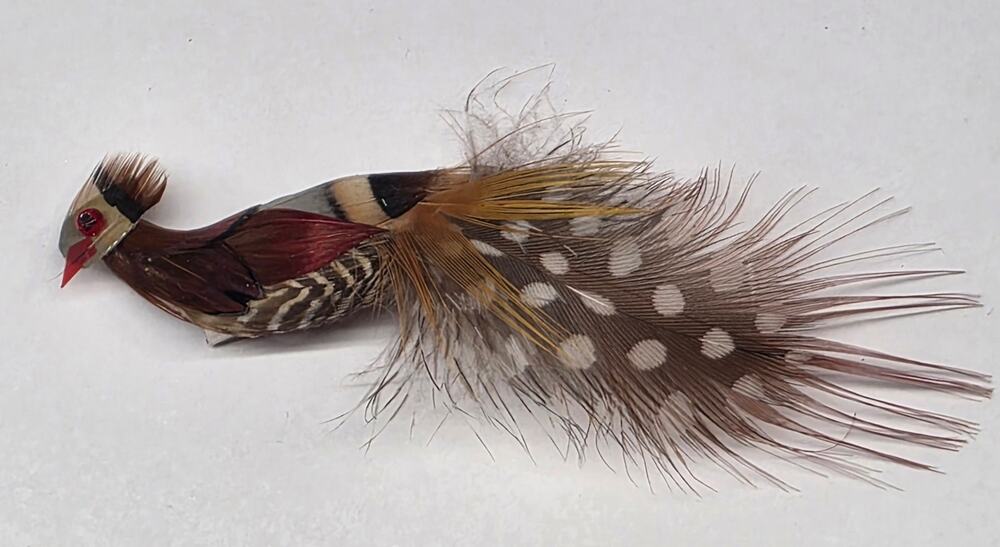 Vintage Feather Bird Brooch Pin Handmade Spotted Tail Red Beak